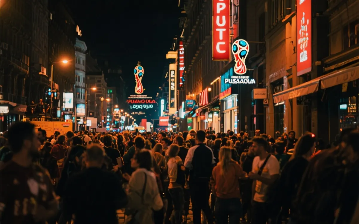 世界杯主办城市街头生活:夜晚街区、人群与灯光,纪录片质感