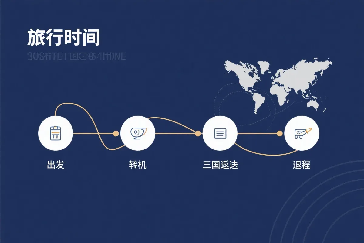旅行时间轴信息图风格画面：从出发、转机、三国往返到返程，标注海关与行李检查节点
