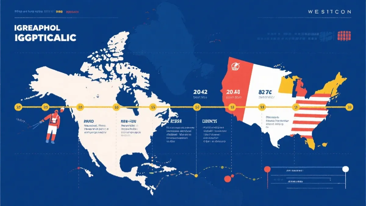 北美三国地图与世界杯赛程时间轴的视觉化插图
